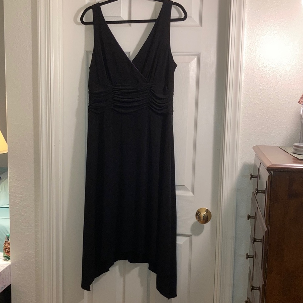 AGB Dress, Black, size 14, with purple inside. With high middle / low sides hem.